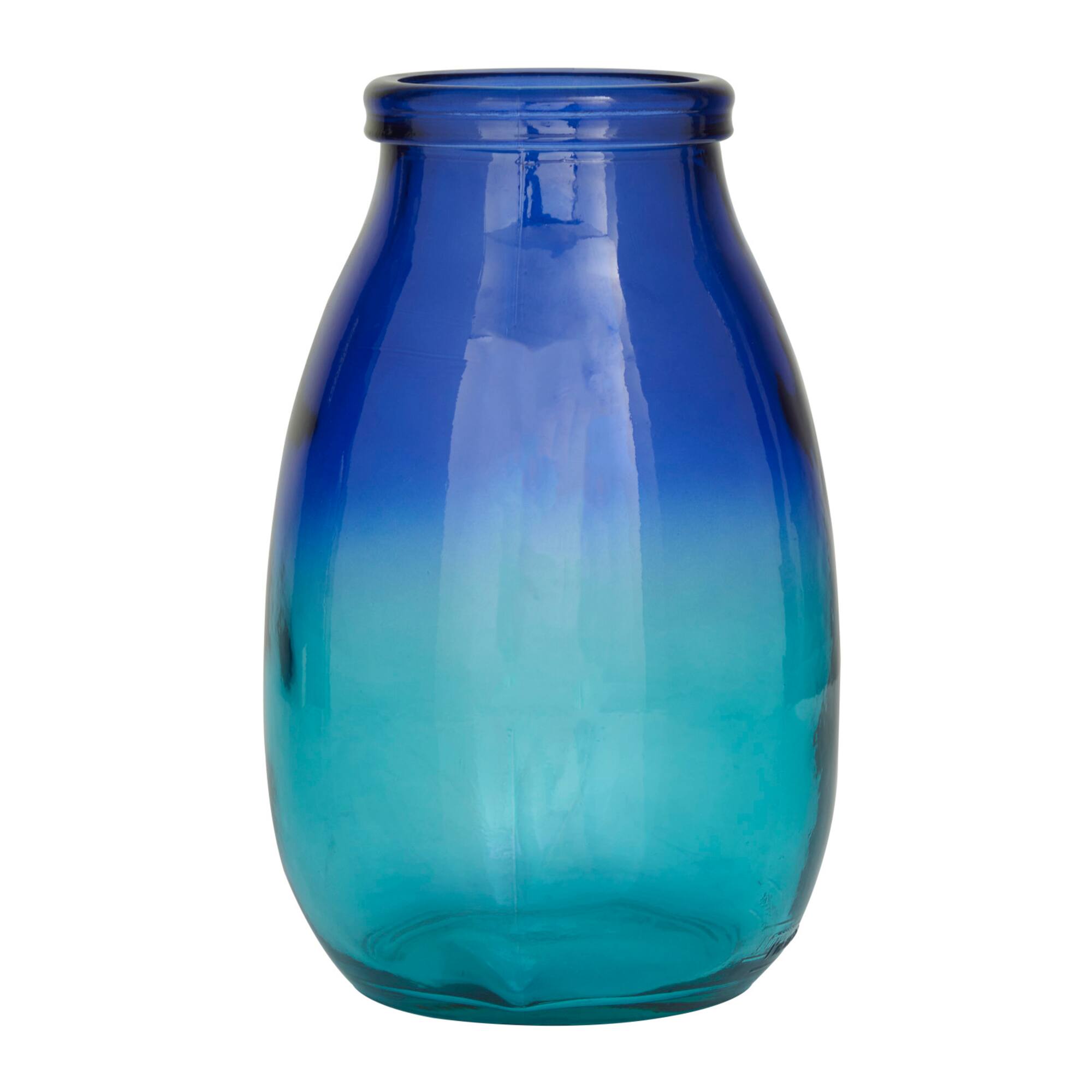 Blue Recycled Glass Handmade Spanish Vase with Ombre Effect 7" x 7" x 11"
